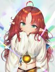  1girl :3 ahoge arknights baggy_clothes earrings eyebrows_visible_through_hair fuenyuan green_eyes jewelry light_rays long_hair long_sleeves looking_at_viewer messy_hair myrtle_(arknights) navel navel_cutout pointy_ears red_hair solo 