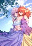  2girls bandeau bare_shoulders blush breasts cleavage collarbone fate/grand_order fate_(series) fujimaru_ritsuka_(female) gogatsu_fukuin hair_over_one_eye highres large_breasts lavender_hair mash_kyrielight midriff multiple_girls one_side_up orange_eyes orange_hair purple_eyes short_hair smile stomach strapless tubetop yuri 