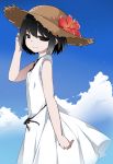  1girl adjusting_hair bangs black_eyes black_hair black_ribbon blue_sky bob_cut cloud commentary cowboy_shot dress empty_eyes flower from_side hammer_(sunset_beach) hand_to_head hat hat_flower highres light_smile looking_at_viewer looking_to_the_side monogatari_(series) no_gloves oshino_ougi red_flower ribbon short_hair sky sleeveless solo straw_hat sundress white_dress 