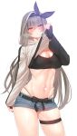  1girl absurdres breasts cleavage closers commentary_request fingerless_gloves gloves grey_hair hair_between_eyes highres hooded_shirt jacket_lift long_hair looking_at_viewer midriff mirae_(closers) navel short_shorts shorts simple_background skulllee solo very_long_hair white_background 