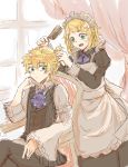  1boy 1girl alternate_costume apron asymmetrical_sleeves blonde_hair chair chin_rest combing cravat crossed_legs curtains enmaided frilled_sleeves frills green_eyes hair_ornament hairclip hairdressing hand_on_own_cheek highres kagamine_len kagamine_rin maid maid_apron maid_headdress messy_hair short_hair sitting sketch skirt sleeveless_blazer striped_clothes tamutamun vocaloid white_apron wide_sleeves window 