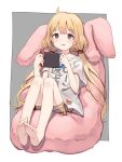  1girl bangs bare_legs barefoot bean_bag bike_shorts blonde_hair brown_eyes clothes_writing eyebrows_visible_through_hair feet full_body futaba_anzu grey_background handheld_game_console highres holding_handheld_game_console idolmaster idolmaster_cinderella_girls long_hair looking_at_viewer low_twintails nintendo_switch parted_lips shirt shone short_sleeves simple_background sitting soles solo striped striped_bike_shorts t-shirt twintails very_long_hair white_shirt 