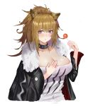  1girl absurdres animal_ear_fluff animal_ears arknights bangs black_choker black_jacket blush breasts brown_hair candy choker cleavage commentary eyebrows_visible_through_hair food fur-trimmed_jacket fur_trim hair_between_eyes hand_up highres holding holding_food jacket large_breasts lion_ears lollipop long_hair long_sleeves looking_at_viewer open_clothes open_jacket purple_eyes sanchong shirt siege_(arknights) simple_background solo t-shirt upper_body white_background white_shirt 