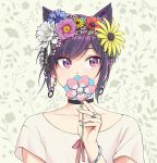 1other androgynous animal_ears bracelet cat_ears choker collarbone earrings eyebrows_visible_through_hair flower hair_flower hair_ornament highres jewelry looking_at_viewer original pas&#039;_black-haired_catperson pas_(paxiti) purple_eyes purple_hair shirt short_hair short_sleeves solo upper_body white_shirt 