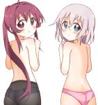  2girls ass black_legwear blue_eyes blush closed_mouth eyebrows_visible_through_hair glasses highres ikeda_chitose long_hair looking_at_viewer looking_back mesushio multiple_girls no_bra open_mouth panties panties_under_pantyhose pantyhose pink_panties ponytail purple_eyes purple_hair shiny shiny_hair short_hair simple_background standing sugiura_ayano topless underwear upper_body white_background white_hair white_panties yuru_yuri 