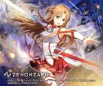  1girl asuna_(sao) bangs bare_shoulders boots braid breasts brown_eyes brown_hair commentary_request eyebrows_visible_through_hair holding holding_sword holding_weapon long_hair looking_at_viewer mayachise medium_breasts official_art open_mouth red_skirt skirt smile solo_focus sword sword_art_online thigh_boots thighhighs translation_request weapon white_legwear zenonzard 