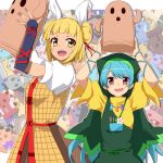  2girls :d apron arm_ribbon armor armored_dress arms_up bangs blonde_hair blue_eyes blunt_bangs commentary_request double_bun dress eyebrows_visible_through_hair flower green_apron green_headwear hair_ribbon haniwa_(statue) haniyasushin_keiki hemogurobin_a1c holding hood joutouguu_mayumi long_hair looking_at_viewer magatama magatama_necklace multicolored multicolored_background multiple_girls open_mouth puffy_short_sleeves puffy_sleeves purple_eyes ribbon shirt short_hair short_sleeves single_strap smile swept_bangs tools touhou upper_teeth vambraces very_long_hair white_shirt yellow_dress yellow_eyes 