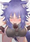  1girl aki_makoto animal_ears blue_hair blush breasts brown_eyes candy chocolate chocolate_heart commentary_request covered_nipples food hands_on_hips heart highres karochii leaning_forward princess_connect! princess_connect!_re:dive purple_hair shorts solo sweat tail 