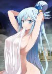  1girl aqua_(konosuba) armpits arms_behind_head arms_up bangs blue_eyes blue_hair blush breasts closed_mouth collarbone covering eyebrows_visible_through_hair hair_between_eyes hair_ornament hair_rings inue_shinsuke kono_subarashii_sekai_ni_shukufuku_wo! long_hair looking_at_viewer mouth_hold night night_sky nude_cover outdoors shiny shiny_skin sideboob sky steam tokkuri towel very_long_hair wet wet_towel white_towel 