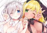  2girls bangs black_ribbon blonde_hair blue_eyes breasts cleavage commentary_request eyebrows_visible_through_hair face frown green_eyes grey_hair hair_between_eyes hair_ornament highres holding_hands large_breasts long_hair looking_at_viewer maid_headdress multiple_girls original ribbon rouka_(akatyann) smile v white_ribbon 