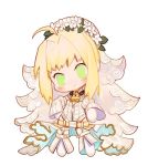  1girl ahoge belt chibi closed_mouth daisy dress fate/extra fate/extra_ccc fate_(series) flower full_body green_eyes hair_flower hair_intakes hair_ornament head_tilt head_wreath leotard lock long_sleeves looking_at_viewer nero_claudius_(bride)_(fate) nero_claudius_(fate)_(all) padlock pantyhose rosette_(yankaixuan) smile solo standing white_flower 