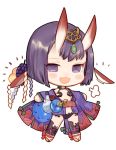  1girl :d blush bob_cut chibi cup diadem fangs fate/grand_order fate_(series) food fruit full_body grapes horns japanese_clothes kimono long_sleeves looking_at_viewer oni_horns open_mouth purple_hair purple_kimono revealing_clothes rosette_(yankaixuan) sakazuki sandals shuten_douji_(fate/grand_order) simple_background smile solo standing white_background wide_sleeves 