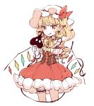  1girl :q arm_behind_back blonde_hair corset cowboy_shot cropped_legs crystal dress earrings flandre_scarlet frilled_dress frills hat holding holding_own_tail jewelry laevatein_(tail) leg_garter light_blush long_hair mob_cap mozukuzu_(manukedori) neck_ribbon pointy_ears puffy_short_sleeves puffy_sleeves red_dress red_eyes ribbon short_sleeves side_ponytail simple_background solo tail tongue tongue_out touhou white_background white_headwear wings wrist_cuffs yellow_neckwear 