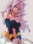  1girl android_21 bare_shoulders black_nails blue_eyes bracelet breasts cleavage closed_mouth collarbone detached_sleeves dragon_ball dragon_ball_fighterz earrings grey_background hair_between_eyes hoop_earrings jewelry kemachiku long_hair looking_at_viewer majin_android_21 medium_breasts midriff nail_polish navel pink_hair simple_background solo 