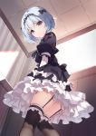  &gt;:( 1girl bangs bison_cangshu black_bow black_dress black_legwear blue_eyes blue_hair blush bow closed_mouth dress eyebrows_visible_through_hair feet_out_of_frame frilled_dress frilled_legwear frills from_below garter_straps hair_bow highres indoors juliet_sleeves layered_dress long_sleeves looking_at_viewer looking_down puffy_sleeves ryuuou_no_oshigoto! solo sora_ginko standing thighhighs two-tone_background v-shaped_eyebrows 