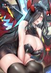  1girl ahegao azur_lane bare_shoulders black_dress black_hair black_legwear blush breasts cleavage covered_nipples dress friedrich_der_grosse_(azur_lane) hair_over_one_eye highres horns large_breasts long_hair looking_at_viewer machinery red_horns sitting smile solo steam sweatdrop thighhighs thighs tnolize turret very_long_hair yellow_eyes 
