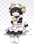  1girl animal_hat apron bell bell_collar black_bow black_dress black_eyes black_hair blush_stickers bob_cut bow cat_feet cat_hat cat_paws cat_tail collar commentary cosplay dejiko dejiko_(cosplay) di_gi_charat dress empty_eyes gloves hair_bell hair_bow hair_ornament halftone halftone_background hammer_(sunset_beach) hat jingle_bell light_smile looking_at_viewer lowered_eyelids maid monogatari_(series) oshino_ougi paws short_hair sitting smug solo tail tail_bow white_apron white_footwear white_gloves white_headwear white_tail 