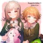  1boy 1girl absurdres backpack bag bangs blush breasts brown_eyes brown_hair commentary_request crossdressing danganronpa danganronpa_1 eyebrows_visible_through_hair flipped_hair fujisaki_chihiro green_eyes green_jacket hair_ornament hairclip happy_birthday highres holding hood jacket large_breasts long_hair long_sleeves looking_at_viewer monomi_(danganronpa) nanami_chiaki otoko_no_ko parted_lips pink_eyes ribbon shirt short_hair sleeves_past_wrists sumeshiruko super_danganronpa_2 white_shirt 