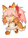 :d animal_ear_fluff animal_ears apron bell blush_stickers bow bright_pupils eyebrows_visible_through_hair fang fate/grand_order fate_(series) fox_ears fox_tail gloves hair_bow hands_up jingle_bell maid_apron maid_headdress neck_bell open_mouth paw_boots paw_gloves paws red_bow rosette_(yankaixuan) simple_background smile standing tail tamamo_(fate)_(all) tamamo_cat_(fate) thighhighs white_background white_legwear yellow_eyes 