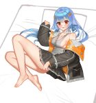  1girl blue_hair blush feet full_body hair_ornament hairclip highres jacket last_origin long_hair looking_at_viewer on_bed open_mouth pleated_skirt red_eyes skirt solo taktori tank_top x-00_tiamat 