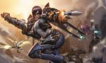  3girls aiming_at_viewer alternate_costume arm_cannon ass aviator_pharah black_hair black_jacket blurry blurry_background breasts clenched_hand d.va_(overwatch) denim dual_wielding facial_tattoo flying highres holding jacket jeans large_breasts liang_xing mechanical_wings meka_(overwatch) mercy_(overwatch) midair missile multiple_girls overwatch pants pharah_(overwatch) rocket rocket_launcher short_hair solo_focus sunglasses tattoo weapon wings 