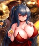  1girl ahoge azur_lane bare_shoulders black_hair blush breasts choker cleavage cocktail_dress collarbone dress eyebrows_visible_through_hair glass hair_between_eyes hair_ornament highres huge_breasts long_hair looking_at_viewer red_choker red_dress red_eyes sitting smile taihou_(azur_lane) taihou_(forbidden_feast)_(azur_lane) very_long_hair zetsuhei_no_roran 