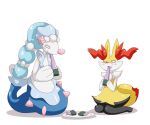  ambiguous_gender anthro braixen canid canine dlrowdog duo eating feral fur inner_ear_fluff mammal marine nintendo pinniped pok&eacute;mon pok&eacute;mon_(species) primarina tuft video_games yellow_body yellow_fur 