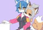  2019 4_fingers anthro big_breasts black_clothing black_shirt black_topwear blue_body blue_fur blue_hair blush bottomwear breast_envy breast_grab breasts canid canine chest_tuft cleavage clothed clothing computer_mouse duo ear_tuft female fingers fluffy fluffy_tail fox fur grey_hair hair hand_on_breast holding_breast kemono mammal nanahoshi_suzu occhan ohakotome one_eye_closed pants purple_background red_eyes shirt simple_background sitting tan_body tan_fur topwear tuft white_clothing white_shirt white_topwear yellow_eyes 