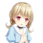  1girl bangs blonde_hair blue_shirt blush braid collar collarbone commentary_request eyebrows_visible_through_hair hands_together highres iwamoto_sora looking_at_viewer open_mouth original red_eyes sailor_collar shiny shiny_hair shirt simple_background smile solo swept_bangs twin_braids upper_body virtual_youtuber white_background 