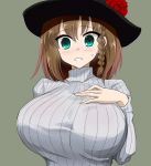  1girl bangs black_headwear blush braid breasts charlotte_corday_(fate/grand_order) fate/grand_order fate_(series) flower green_eyes grey_background hand_on_own_chest hat hat_flower huge_breasts long_sleeves looking_at_viewer oro_(zetsubou_girl) ribbed_sweater rose short_hair side_braid simple_background solo sweater turtleneck turtleneck_sweater white_sweater 