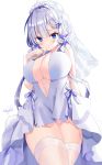  1girl absurdres azur_lane blue_dress blue_eyes blush breasts commentary_request dress eyebrows_visible_through_hair flower gloves hair_ornament highres illustrious_(azur_lane) illustrious_(morning_star_of_love_and_hope)_(azur_lane) large_breasts long_hair looking_at_viewer navel sinobi_illust smile solo thighhighs thighs veil wedding_dress white_legwear 