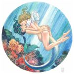  1:1 anthozoan blonde_hair breasts butt clothing cnidarian coral duo eyes_closed female female/female female_on_humanoid fin fish french_kissing green_hair hair hi_res human human_on_humanoid humanoid interspecies kissing long_hair mammal marine merfolk milo_manara mostly_nude not_furry nude open_mouth tongue tongue_out traditional_media_(artwork) underwater water 