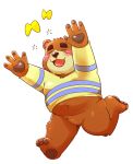  2020 animal_crossing anthro belly blush brown_body brown_fur clothing eyes_closed fur hi_res humanoid_hands jumperbear kemono male mammal nintendo overweight overweight_male shirt simple_background solo teddy_(animal_crossing) topwear ursid video_games white_background 