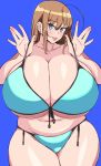  1girl ahoge bare_shoulders belly bikini blue_background blue_bikini blue_eyes breasts brown_hair cleavage commentary_request earrings gigantic_breasts highres huge_ahoge jewelry komusou_(jinrikisha) lips long_hair looking_at_viewer midriff navel ooba_minori original simple_background skindentation smile solo swimsuit thick_lips thick_thighs thighs wide_hips 