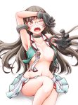  1girl armpits black_hair blush breasts brown_hair choukai_(kantai_collection) glasses hair_ornament hat highres kantai_collection large_breasts long_hair looking_at_viewer meihemu open_clothes open_mouth pleated_skirt red_eyes remodel_(kantai_collection) rimless_eyewear school_uniform simple_background skirt solo white_background 