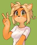  2020 4_fingers activision bandicoot black_nose clothed clothing coco_bandicoot crash_bandicoot_(series) female fingers gesture green_background hair hi_res iris looking_at_viewer mammal marsupial orange_body orange_ears pupils shirt simple_background smile solo topwear v_sign video_games wamudraws white_clothing white_shirt white_topwear 