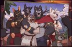  2020 abs absurd_res adastra alexios_(adastra) amicus_(adastra) angrytotemwolf anthro anubian_jackal arm_around_shoulders beach biceps biped black_body black_fur black_nipples blue_eyes body_hair bottomwear bulge canid canine canis cape cassius_(adastra) claws clothed clothing cloud collar crossed_arms day digital_media_(artwork) domestic_cat echo_project facial_piercing fangs felid feline felis female fur gold_(metal) gold_collar grape green_body green_fur grey_body grey_fur group group_picture hand_holding hand_on_shoulder happy hi_res holding_photo hug jackal jewelry lake looking_at_viewer male male/male mammal markings mountain multicolored_body multicolored_fur musclegut muscular muscular_male navel neferu_(adastra) nipples nose_piercing pants pecs photo piercing purple_eyes red_eyes robe romantic_ambiance romantic_couple royalty seaside sky smile sunset toga tongue topless tree two_tone_body two_tone_fur video_games virginia_(adastra) visual_novel white_body white_fur wolf yellow_markings 