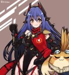  1boy 1girl android bangs breasts gloves hana_(xenoblade) hana_jd highleg highleg_leotard large_breasts leotard long_hair looking_at_viewer mecha_musume mochimochi_(xseynao) nopon orange_eyes purple_hair robot_joints smile tora_(xenoblade) very_long_hair xenoblade_(series) xenoblade_2 