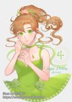  1girl 2019 bishoujo_senshi_sailor_moon breasts brown_hair choker cleavage collarbone dated dress earrings floating_hair flower green_dress green_eyes green_nails green_ribbon grey_background hair_flower hair_intakes hair_ornament hair_ribbon happy_birthday jewelry jupiter_symbol kino_makoto long_hair looking_at_viewer medium_breasts meryhsmy nail_polish necklace pink_flower princess_jupiter ribbon ribbon_choker shiny shiny_hair sleeveless sleeveless_dress solo watermark web_address 