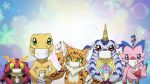  16:9 agumon ambiguous_gender arthropod avian biyomon blue_body blue_eyes claws coronavirus digimon digimon_(species) felid feline feral gabumon green_eyes hi_res holding_object horn insect mammal markings mask meicoomon orange_body pink_body red_body red_eyes rekthan reptile scalie teaching tentomon widescreen 