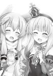  2girls ^_^ ^o^ azur_lane bangs blunt_bangs blush breasts closed_eyes facing_viewer fang gloves greyscale hair_between_eyes hairband happy highres long_hair monochrome multiple_girls open_mouth queen_elizabeth_(azur_lane) raiou small_breasts smile warspite_(azur_lane) 