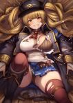  1girl absurdres bangs blonde_hair blood blush boots bra breasts brown_legwear clenched_teeth commentary_request eyebrows_visible_through_hair granblue_fantasy hat highres kent0320 large_breasts long_hair looking_at_viewer lying monika_weisswind on_back panties parted_lips peaked_cap pleated_skirt skirt solo teeth thigh_strap thighhighs thighs torn_bra torn_clothes torn_legwear twintails underwear 