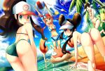  4girls :d :o arms_up ass back ball bangs barefoot baseball_cap beach beachball bent_over bikini bikini_shorts black_hair blue_bikini blue_eyes blue_shorts blue_sky breasts brown_hair cloud commentary covering covering_breasts cowboy_shot curly_hair day double_bun eyebrows_visible_through_hair flying food food_in_mouth full_body fuuro_(pokemon) gen_1_pokemon gen_3_pokemon green_bikini groin gym_leader hair_between_eyes hair_ornament hat headphones high_ponytail holding holding_ball horizon hypno island kamitsure_(pokemon) krabby large_breasts lens_flare long_hair looking_at_viewer mei_(pokemon) midriff multiple_girls navel ocean open_mouth outdoors palm_tree pelipper pink_bikini poke_ball_print pokemon pokemon_(creature) pokemon_(game) pokemon_bw pokemon_bw2 popsicle red_hair rowdon sand shorts sidelocks sky small_breasts smile standing standing_on_one_leg sunlight swimsuit touko_(pokemon) tree twintails upper_teeth very_long_hair visor_cap white_headwear wingull yellow_bikini 