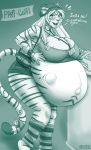  anthro belly big_belly big_breasts blush blyzzarde breasts cleavage clothed clothing felid female hi_res hyper hyper_pregnancy mammal open_mouth pantherine pregnant solo text tiger unborn_kicking wide_hips 