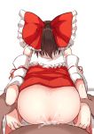  1boy 1girl anus ass bare_shoulders black_hair bottomless bow commentary_request cum detached_sleeves frilled_bow frilled_shirt_collar frills from_behind hair_bow hakurei_reimu hetero highres long_sleeves pov red_bow sex short_hair tksand touhou vaginal white_background 