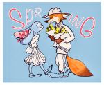  2020 anthro border canid canine clothed clothing disney duo eyes_closed flower fox fully_clothed fur hat headgear headwear holding_object judy_hopps lagomorph leporid mammal nick_wilde orange_body orange_fur pattern_background plant rabbit red_fox simple_background smile strawberry628_(artist) striped_background white_border zootopia 