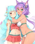  2girls animal_ears bikini bikini_skirt blue_hair blush breasts closed_mouth commentary_request delmin_(show_by_rock!!) drill_hair eyebrows_visible_through_hair fang flower green_eyes groin hair_flower hair_ornament honda_naoki horns hug large_breasts long_hair looking_at_viewer multiple_girls navel one_eye_closed open_mouth ponytail purple_hair red_bikini red_eyes ruhuyu_(show_by_rock!!) shiny shiny_hair shiny_skin show_by_rock!! simple_background small_breasts smile standing swimsuit swimwear tail white_background white_bikini wolf_ears wolf_tail 