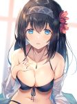  1girl black_hair blue_eyes breasts cleavage collarbone commentary_request eyebrows_visible_through_hair flower hair_flower hair_ornament hand_on_own_chest highres idolmaster idolmaster_cinderella_girls jewelry kuzaki_luta large_breasts long_hair looking_at_viewer navel necklace parted_lips sagisawa_fumika sitting solo very_long_hair 