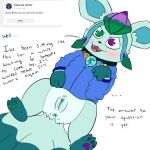  1:1 alolan_vulpix anus ask_blog black_nose blue_anus blue_pussy blush bottomless brina_(h2o2) clitoris clothed clothed_feral clothing collar dialogue eeveelution english_text female feral flat_shading fluffy fluffy_tail genitals glaceon green_eyes green_pawpads h2o2 heterochromia hi_res hoodie hybrid inviting looking_at_viewer multi_tail nintendo open_mouth pawpads pok&eacute;mon pok&eacute;mon_(species) purple_eyes purple_pawpads pussy regional_form_(pok&eacute;mon) snout spread_legs spreading talking_to_viewer text topwear video_games 