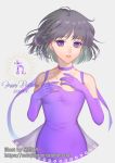  1girl 2019 bishoujo_senshi_sailor_moon black_hair breasts choker collarbone dated dress earrings elbow_gloves gloves grey_background happy_birthday jewelry looking_at_viewer meryhsmy parted_lips princess_saturn purple_dress purple_eyes purple_gloves purple_ribbon ribbon ribbon_choker saturn_symbol shiny shiny_hair short_hair sleeveless sleeveless_dress small_breasts solo standing tomoe_hotaru watermark web_address 